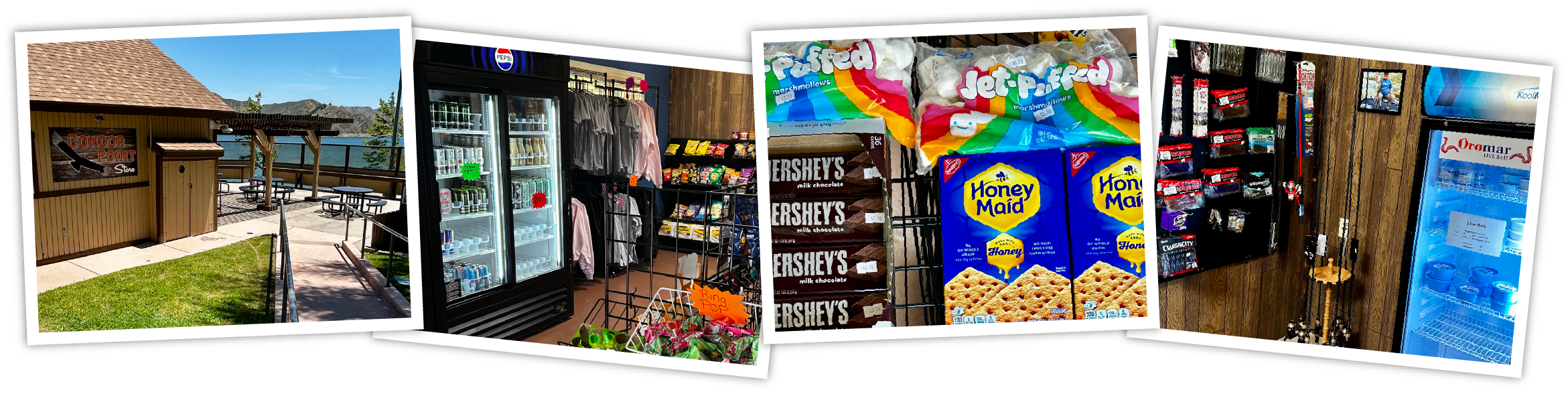 A collage of four images of the Condor Point Store — inside and outside —including the products the store carries.